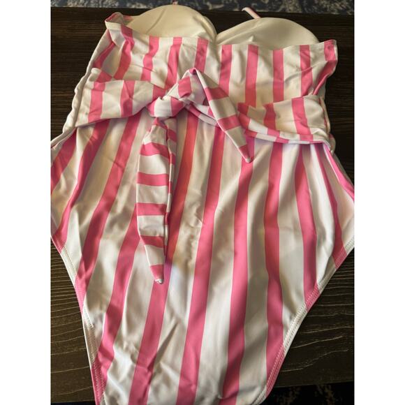 NWOT YOLAI Pink & White Striped Print Tube Top Strap Swimsuit Sz. M - Picture 6 of 7
